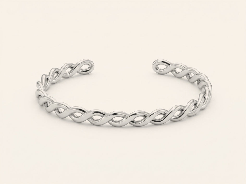 Faye Bangle in woven silver 316L stainless steel, Mother size
